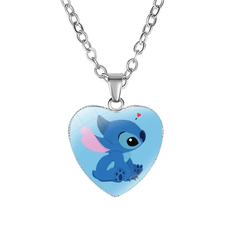 2023 New Disney Stitch Necklaces Lilo & Stitch Heart Printed Photo Glass Pendant Children Handmade Jewelry Gifts