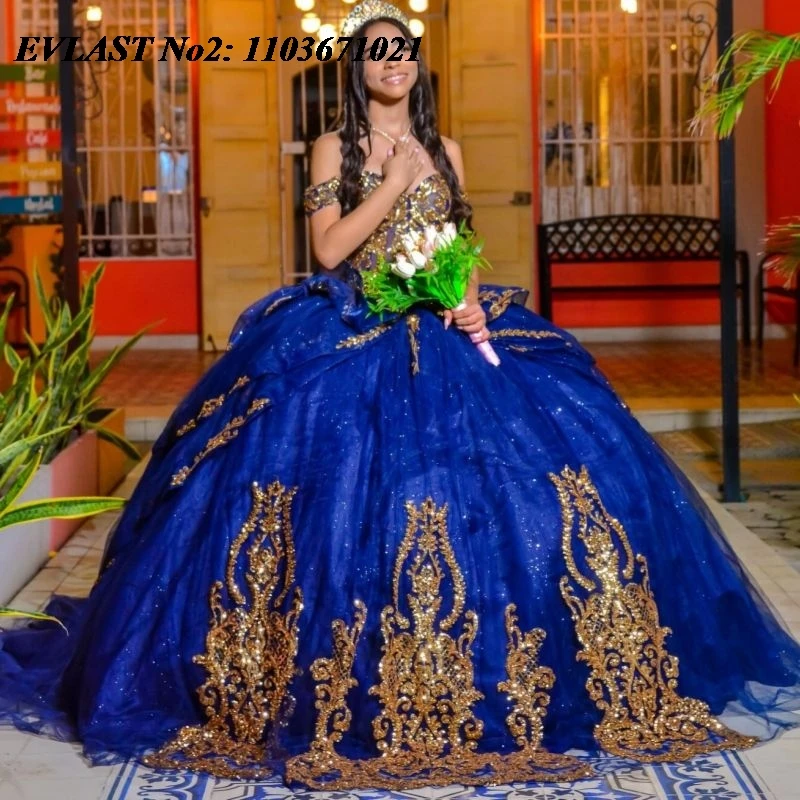 

EVLAST Customized Shiny Royal Blue Quinceanera Dress Ball Gown Gold Applique Beading Corset Sweet 16 Vestidos 15 Anos E2QA187