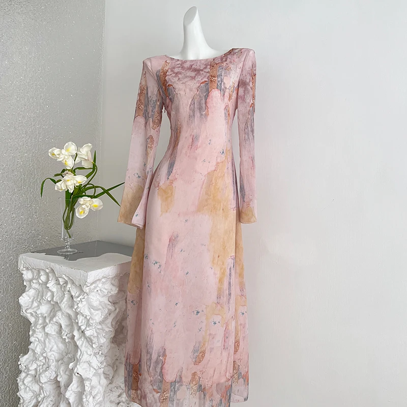 

French-style Floral Printed Chiffon Dress Loose Casual Flare Sleeve High Waist Long Dress Streetwear Backless Fashion Dresses