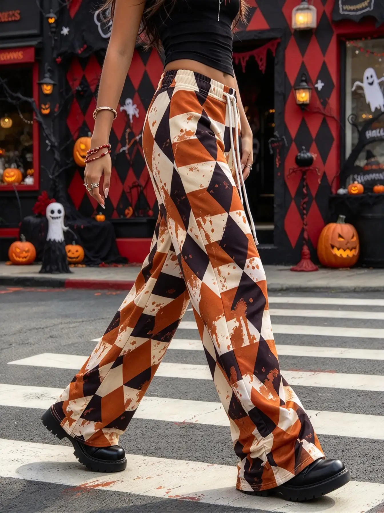 Halloween Ladies Wide Leg Trousers, Retro Rhombus Check Splatter Pattern Drawstring Elastic Waist Streetwear Pants
