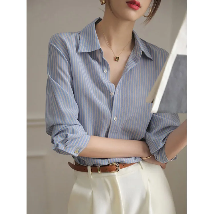 

Blue Striped Long Sleeve Women's Shirt Summer 2026 New Style Elegant Chiffon Top Gentlewoman's Fashion Polyester Fiber
