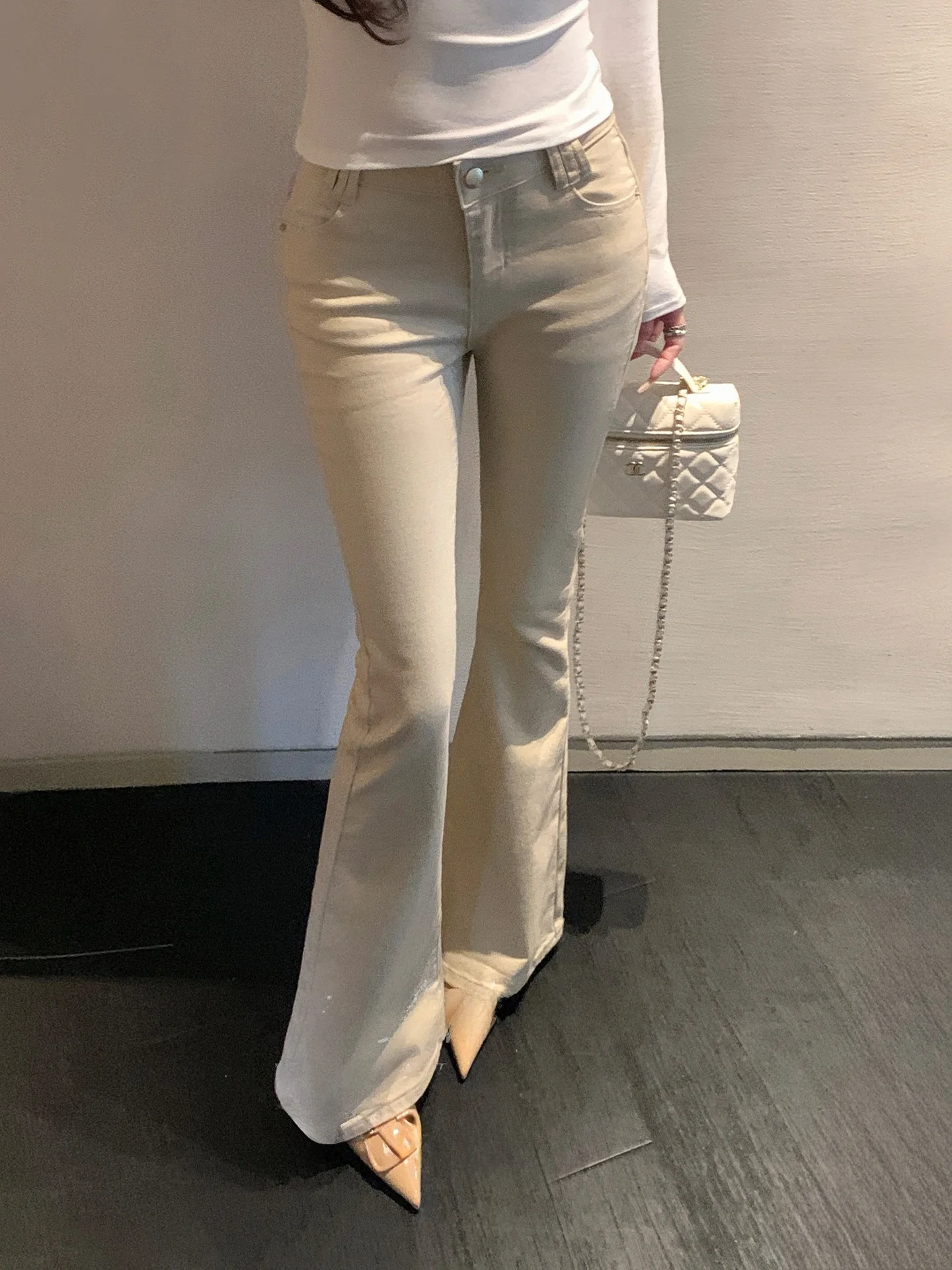 

High Waist Bell Bottom Jeans Women's Elastic Slimming Hip Lifting Casual Long Pants Cotton Stretch Denim Button Closure