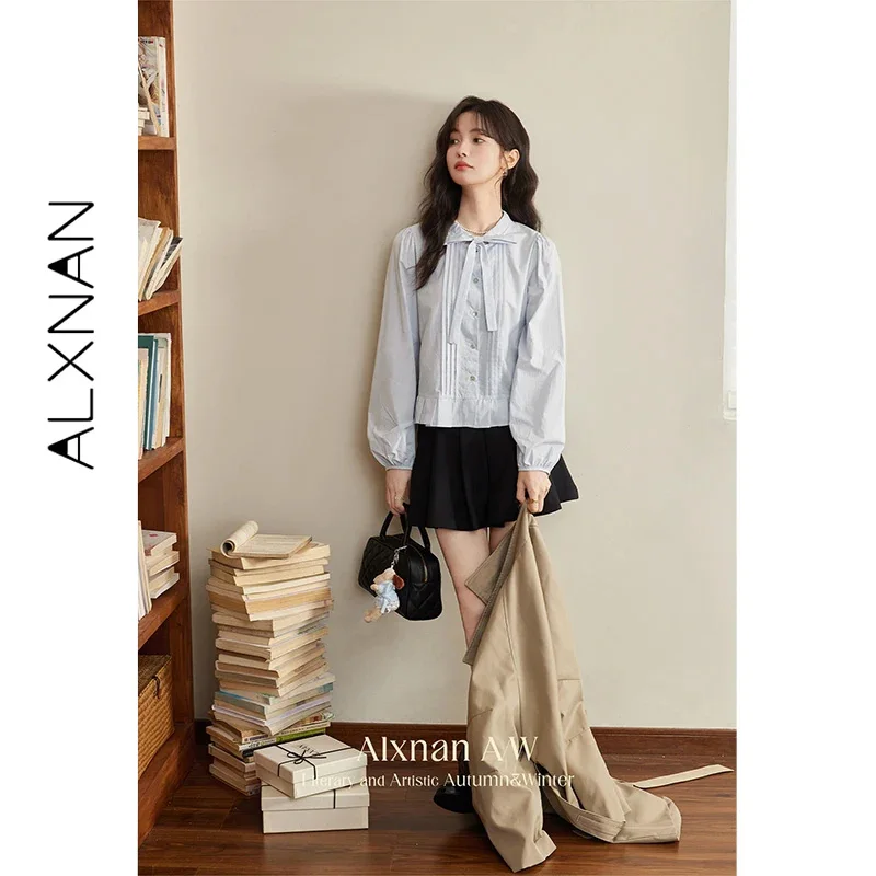 ALXNAN Blue Shirt Women Autumn Bow Pleated Ruffle Long Sleeve Shirt Office Lady Casual Fashion Elegant Female Shirts VL50602