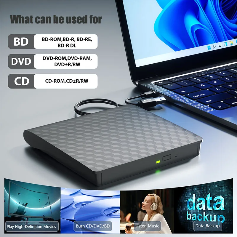 Unidade Blu ray externa para laptop PC USB 3.0 BD CD DVD RW Player Suporte 50G Leitor de disco Queimador adequado para Windows10/11 Mac OS