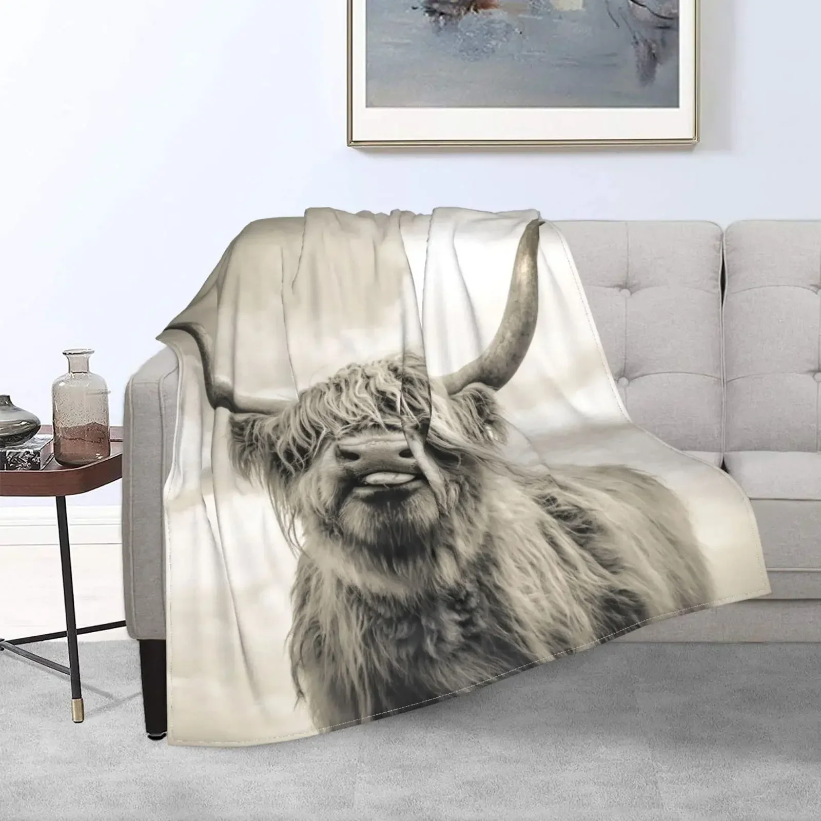 Highland Cow Grey Bull Cattle Throw Blanket, Botanical Lavender, decoración rústica para sala de estar, Animal de granja occidental, súper suave