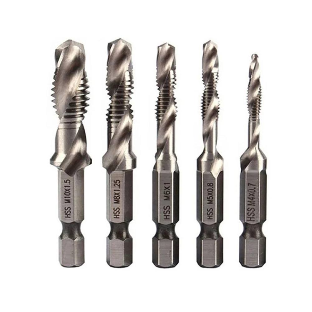 5pcs Tap Drill Bit Set Hex Shank Thread Metric Tap HSS Screw Thread Bit Screw Machine Compound Tap For Metal Steel Wood Plastic