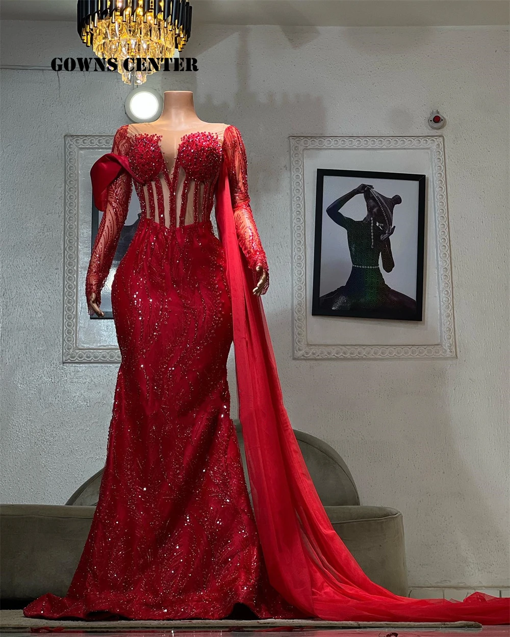 Active Red Beaded Long Sleeve Mermaid Evening Gowns For Elegant Wedding Party See Thru African Crystal Special Customized