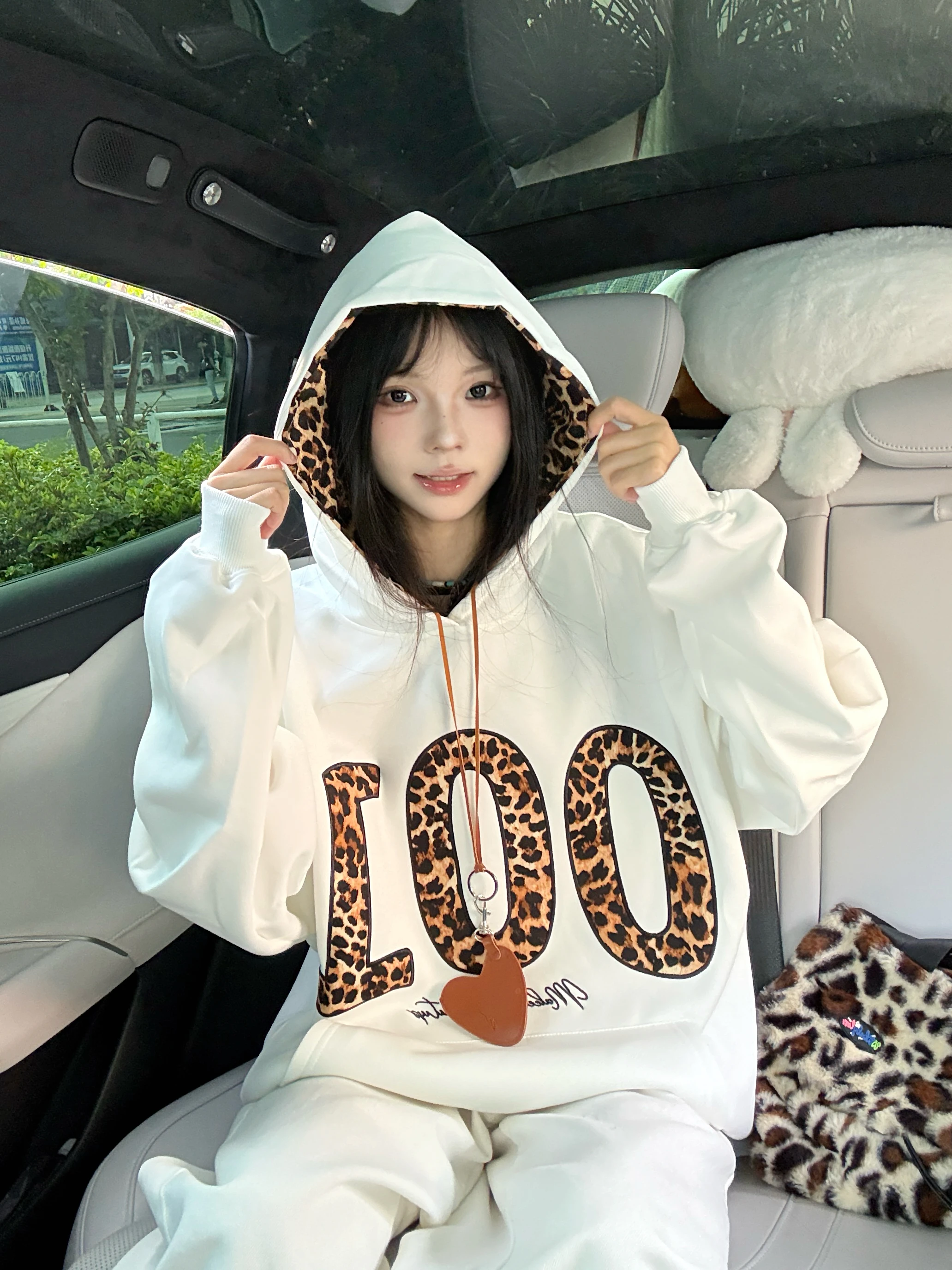 여성용 롱 슬리브 후드티 레오파드 프린트 패치워크 자수 스트리트 스타일 커플용 면 폴리에스터 혼방 편안한 핏 후드티