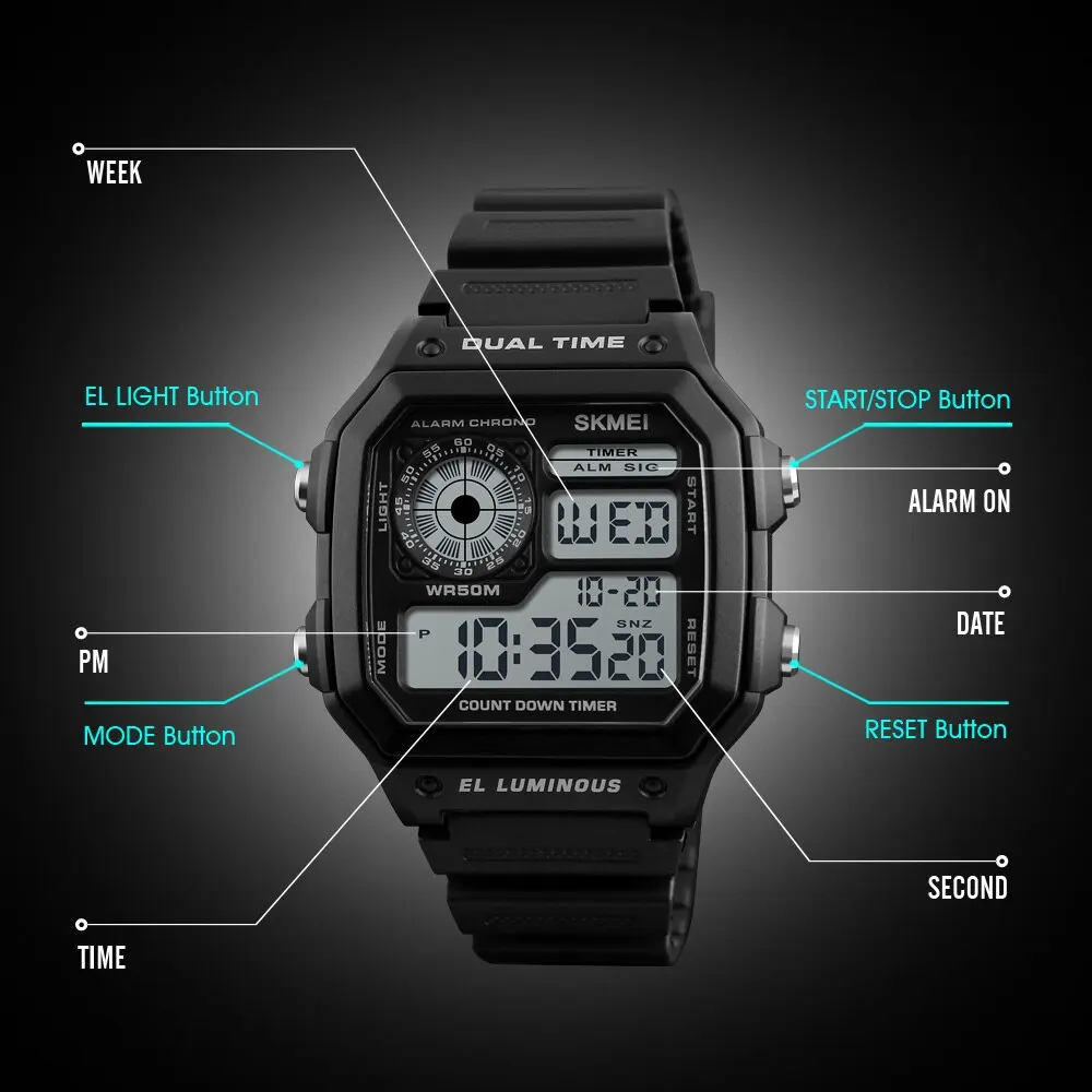 Skmei Top Brand Countdown Sport Watches Mens Multifunction Stopwatch 5bar Waterproof Alarm Clock Back Light Digital Wristwatch