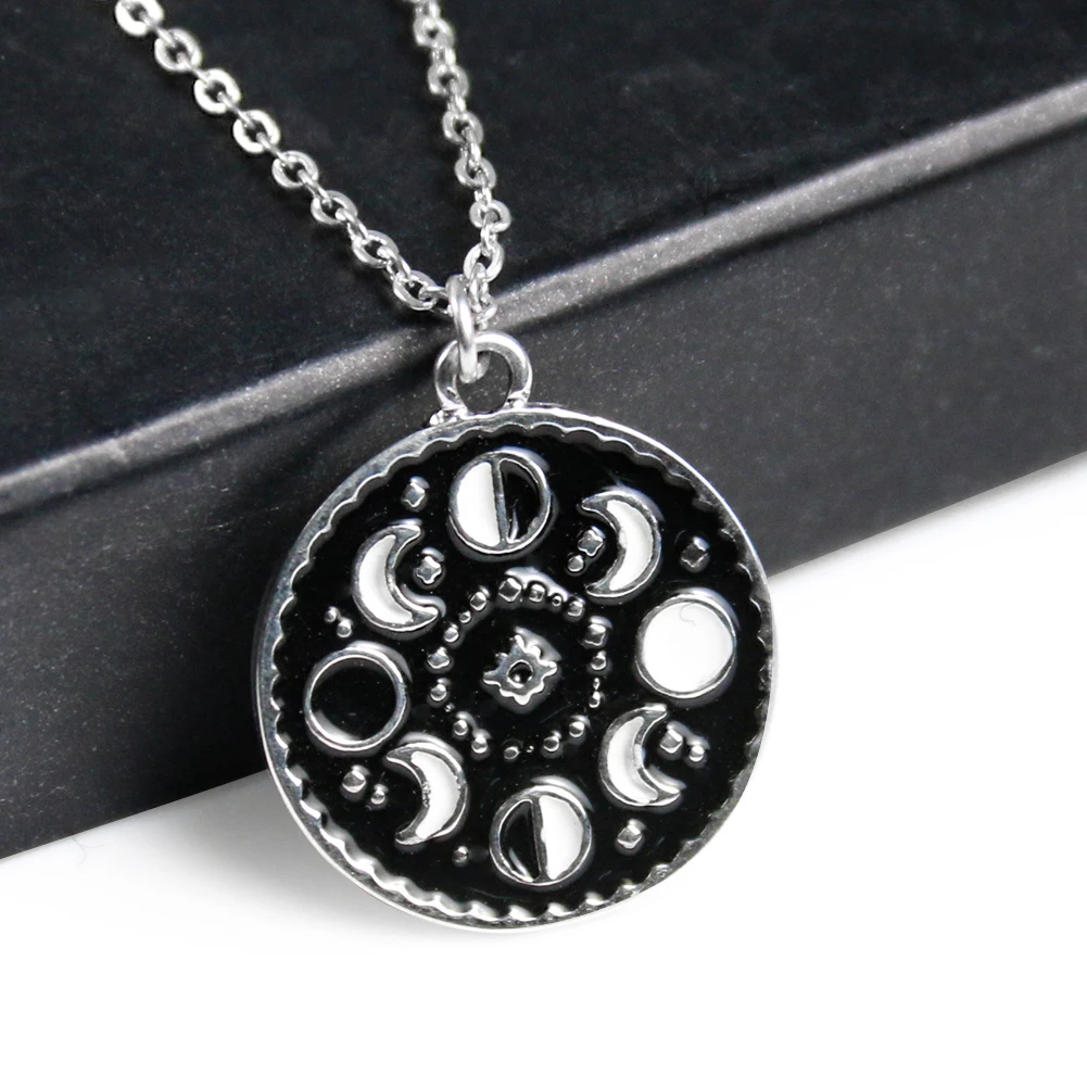 Stainless Steel Lunar Moon God Crescent Necklace Phase Black Witchcraft Pendant Gothic Punk Rock Hip-hop Pagan Faith Amulet