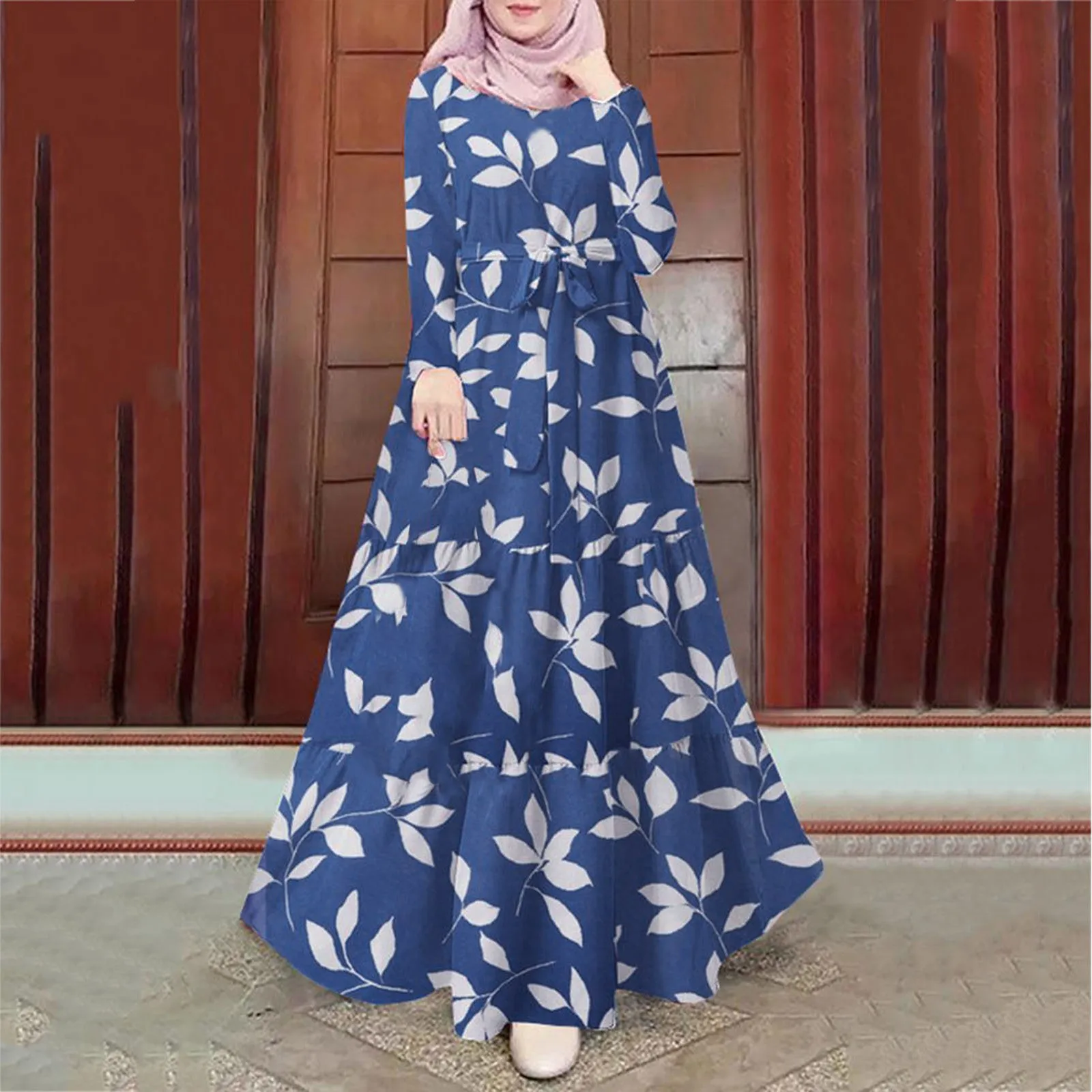 

Women's Elegant Maxi Dress Printed Large Swing Vintage Robes Round Neck Long Sleeve Casual Fashion Long Dress Muslim Clothing