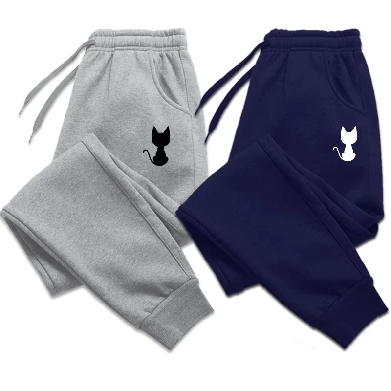 Cat Printing Autumn And Winter Fleece Women Clothing Trousers Fashion Drawstring Casual Sweatpants Jogging Sports Pants