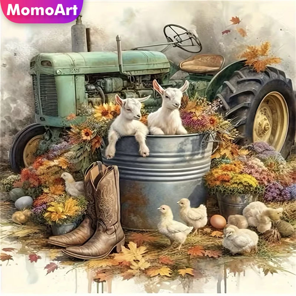 Momoart Full Square Round Diamond Embroidery Tractor Landscape Craft Painting Goat New Collection Diamond Mosaic DIY Handicraft