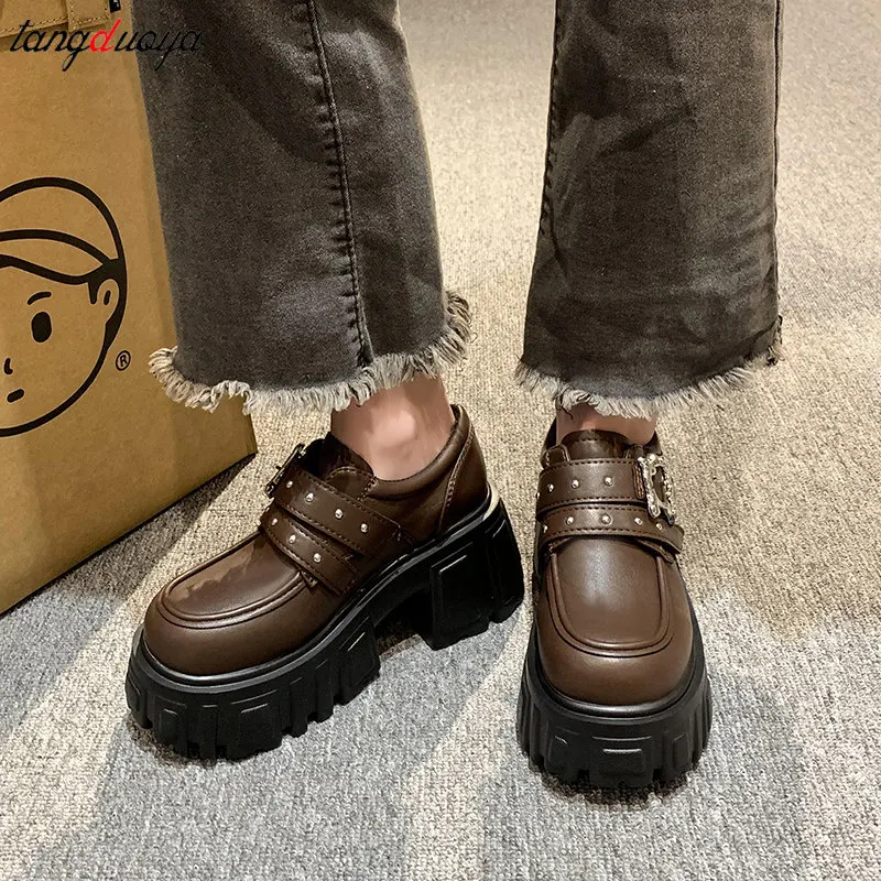 Punk Metal buckle Shoes Woman 2024 New Platform lolita shoes British Style Vintage brown Leather High Heels Woman Casual Loafers