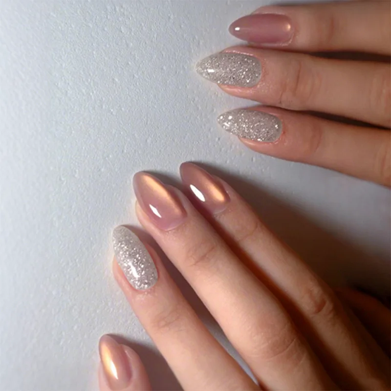 

24pcs Flashing Naked Press on Nail Cat Eyes Tips Finished Full Cover Artificial Fake Nails Seamless Removable False Nails