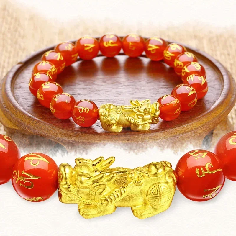 999 Baby Girl Dragon Child Lucky Red Agate 10mm 18k Gold Pixiu Bracelet for Gifting and Lucky