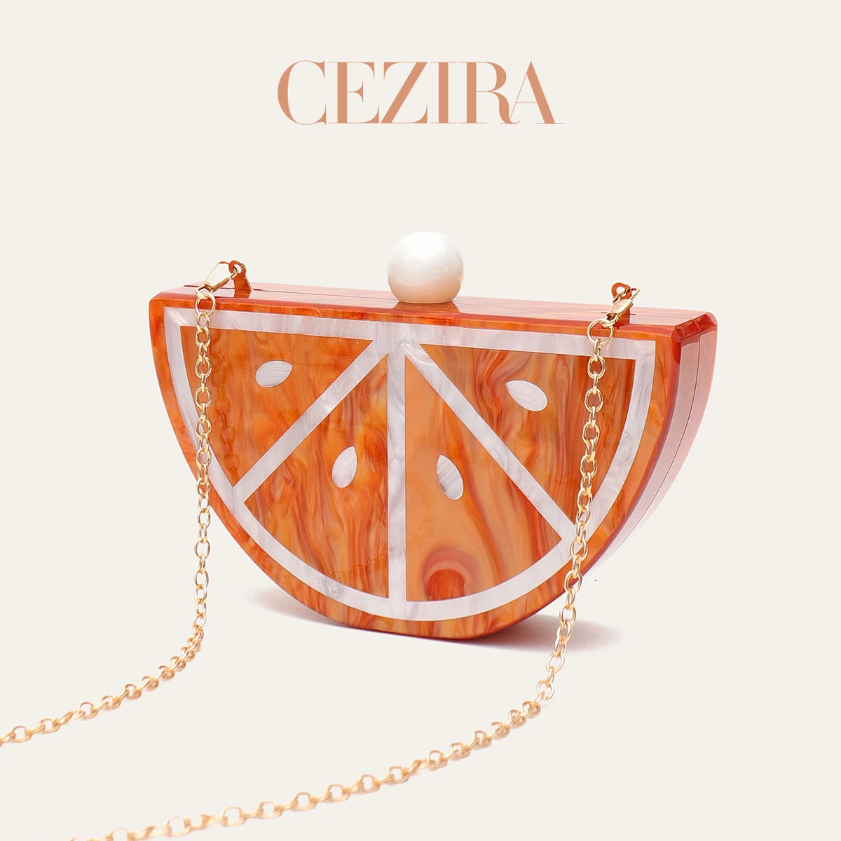 CR Designer Half Round Fruit Pattern Glossy Acrylic Clutch Bag Women Long Chain Crossbody Purse Suitable For Themed Party Prom