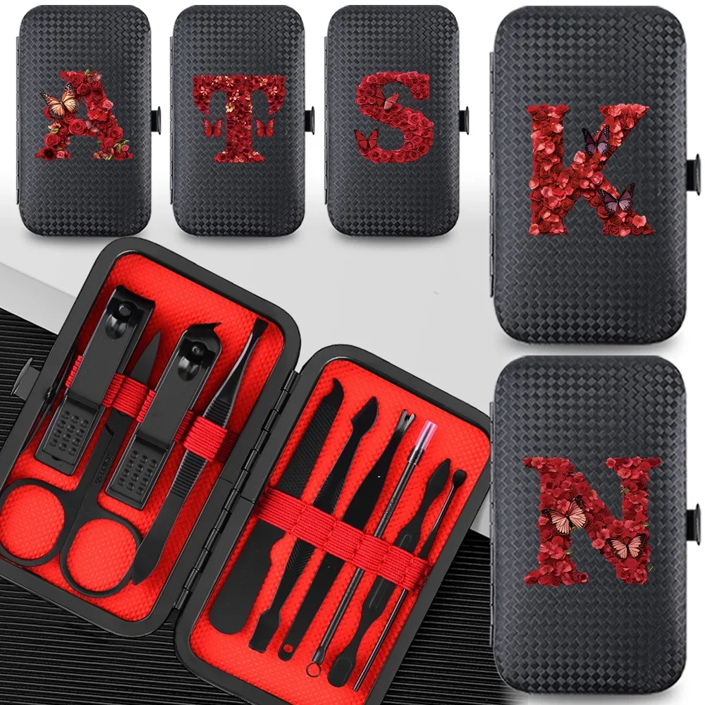 10 Pcs Nail Clippers Set Storage Box Manicure Case Organizer Pedicure Kit Personal Care Home Essentials Red Rose Letter Pattern