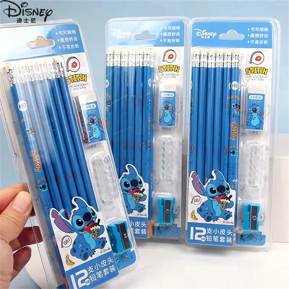 12pcs/Disney Stitch Pencil Cartoon Kid Rubber School Supplies Pencil Sharpener Pen with Eraser Hb Wooden Pencil Birthday Gift