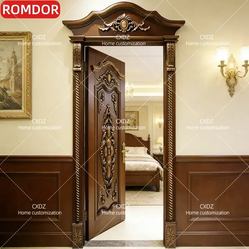 Luxury European Style Solid Wood Bedroom Furniture Set Walnut Finish Retro Carved Paint Multi Layer Swing Door Wardrobe
