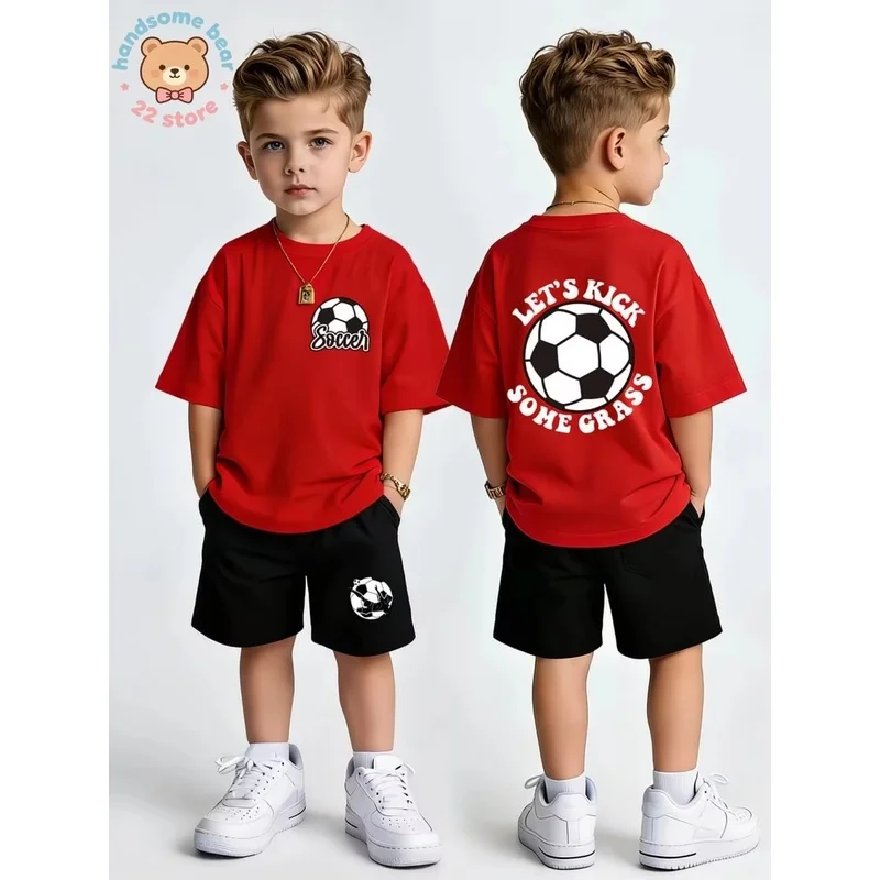 Summer Clothing Set Kids Soccer Print T-shirt Shorts 2PCS Outfit Children Sport Casual Tracksuit Cotton Teenage Boy Clothes