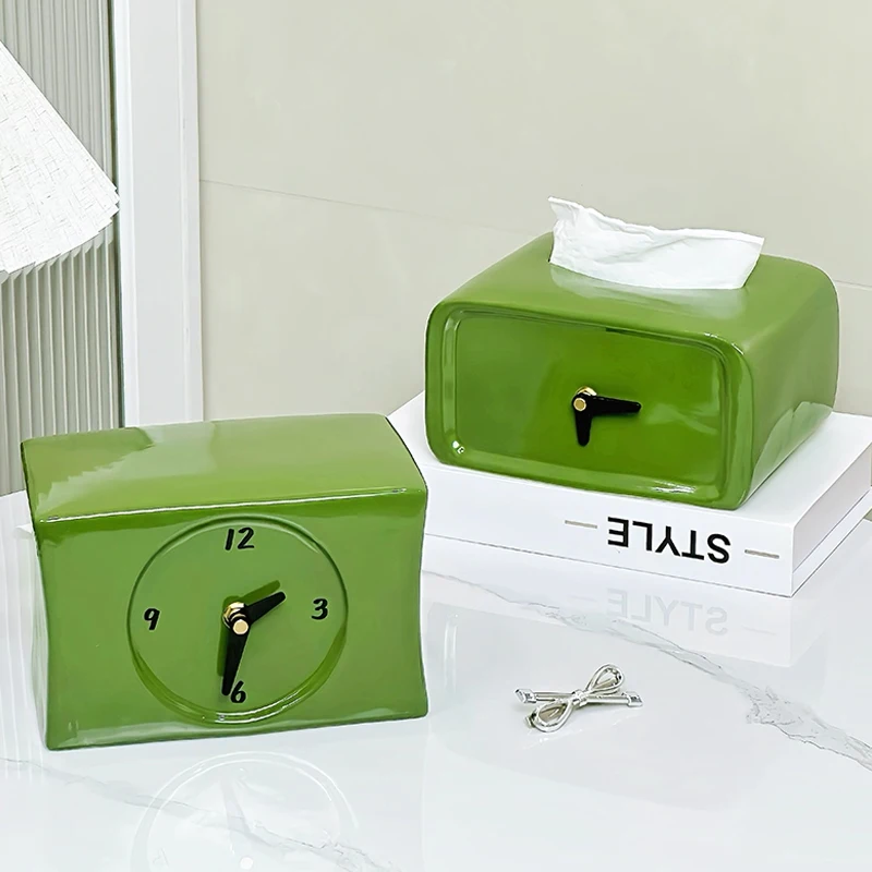 Creative Clock Tissue Box Home Living Room Coffee Table Ceramic Paper Box Desktop Napkins Storage Decorative Ornaments Furniture