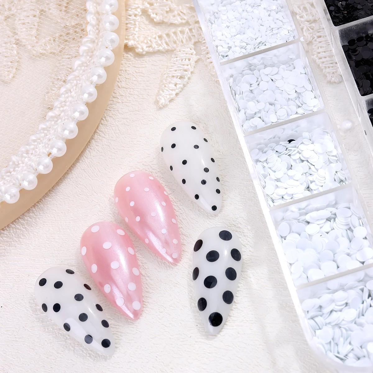 Schwarz-weiße Polka-Dot-Glitzer-Nagelkunst-Accessoires, Retro-Blumen-Patchwork-Glitzer-Nagelkunst, vielseitiger runder Punkt-Glitzer zum Selbermachen – Detail 14