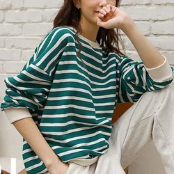 Fashion O-Neck Spliced Loose Korean Striped T-Shirt Female Clothing 2023 Autumn New Casual Pullovers All-match Commute Tee Shirt