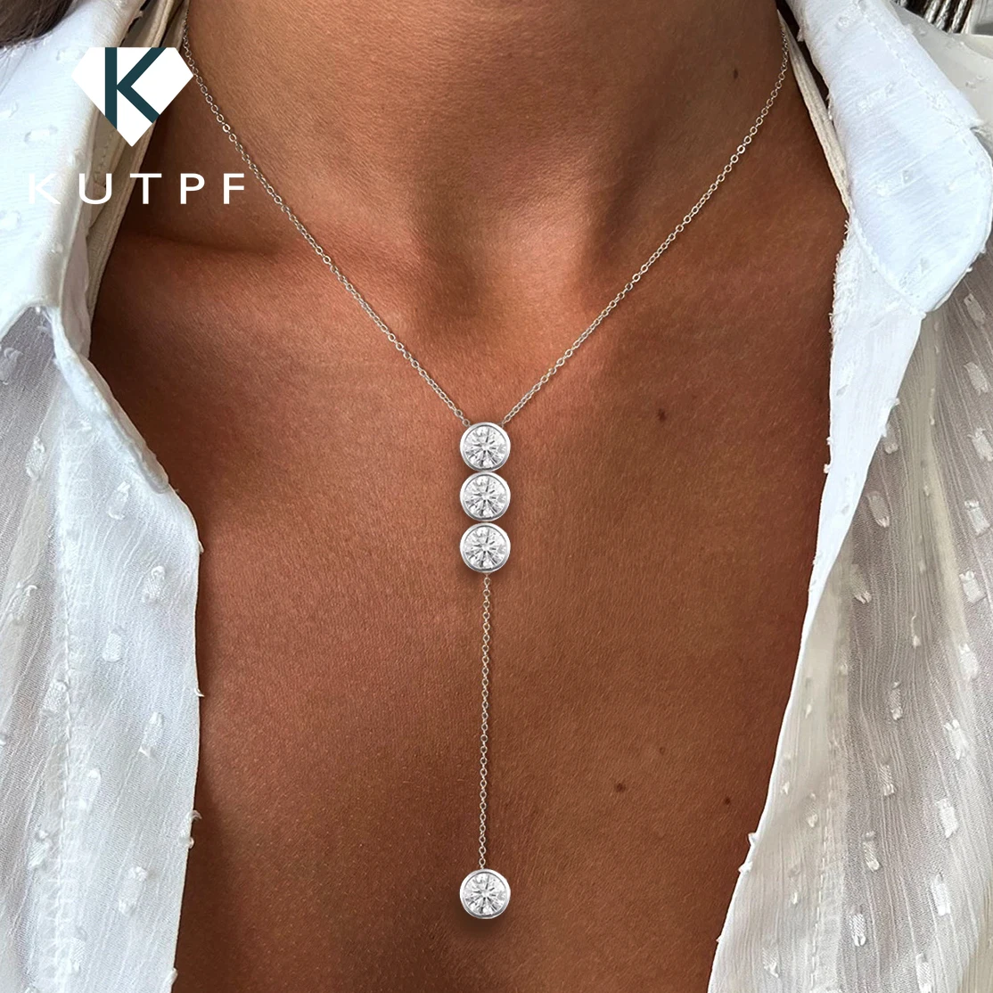 3/5mm Round Bubble Bezel Set Moissanite Diamond Pendant Necklace for Women 925 Sterling Silver Y-Shape Long Tassel Neckchain