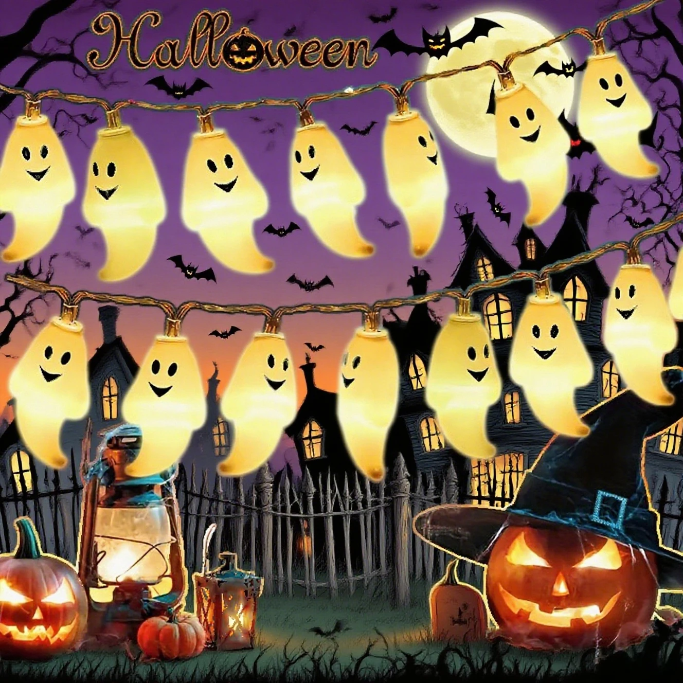 Guirnalda de luces de fantasma de Halloween con pilas, luces decorativas brillantes, accesorios de terror colgantes DIY para porche, chimenea, puerta delantera, fiesta