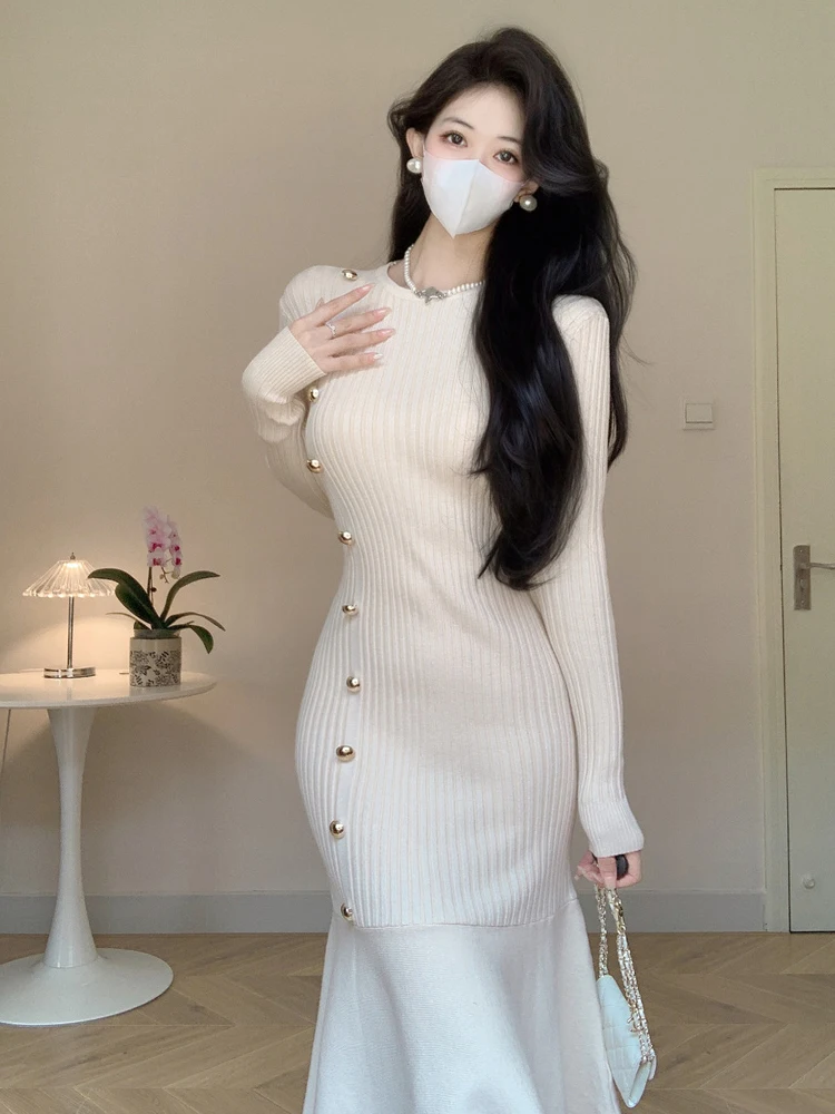 

Women Elegant O-Neck Button Mermaid Wrapped Hip Skirt Autumn Winter Temperament Slim Appear Thin High Waisted Knitted Dress