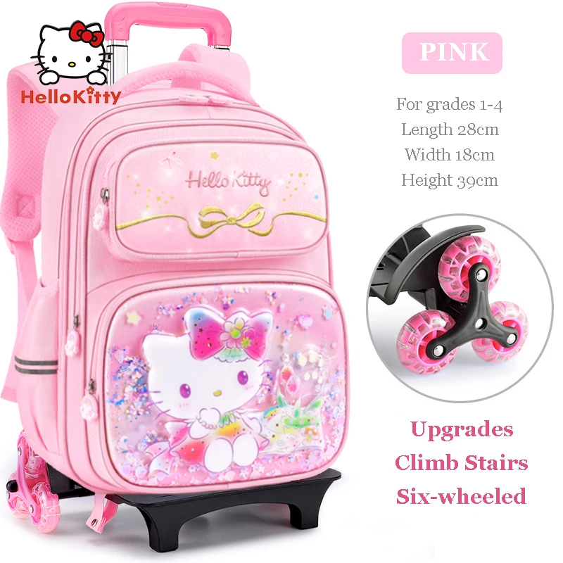 Miniso Hello Kitty Girl 6 Wheelded School Bag Pupils Cartoon Backpack Student Schoolbags Children Trolley Bags Grade 1-3-6 Gifts