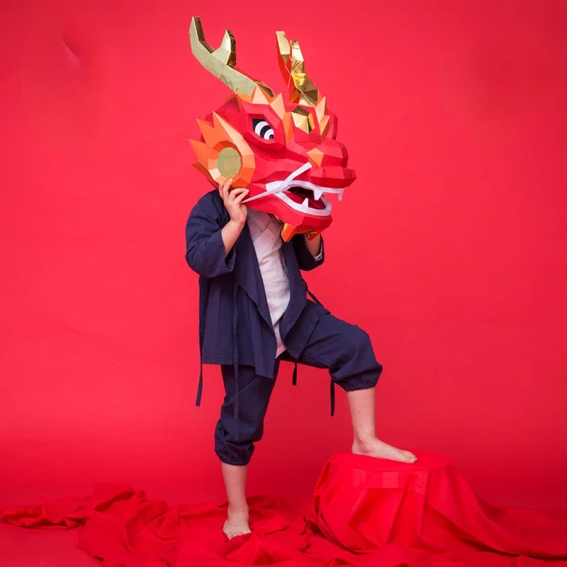 3D Paper Mold Chinese Dragon Head Mask Headgear Model New Year Halloween Cos Props Women Men Party Dress Up DIY Craft Masks