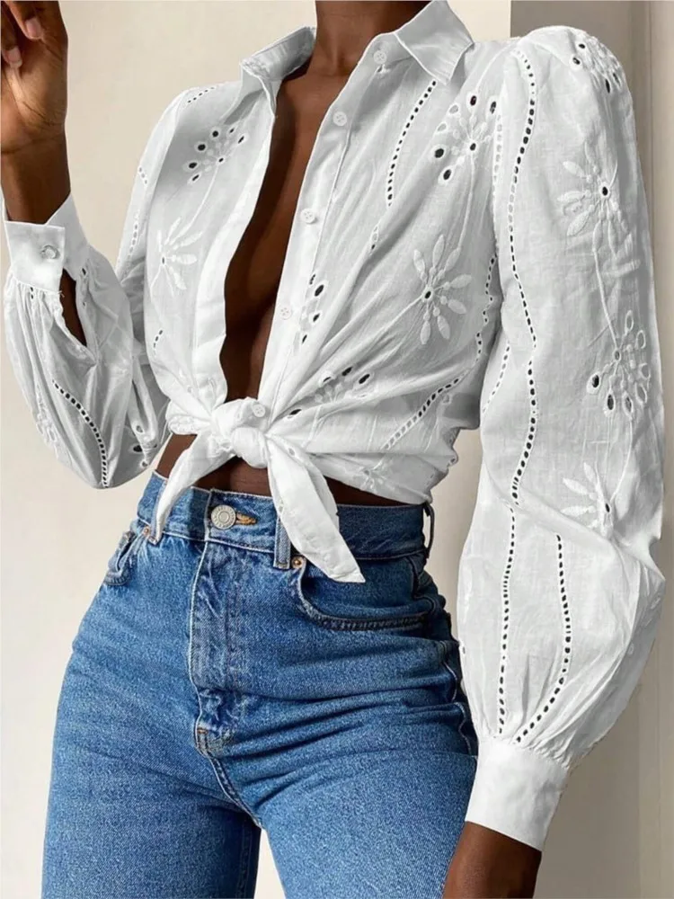 Elegant Women\'s White Blouse Fall Winter New Fashion Single-breasted Embroidered Loophole Long-sleeve Black Shirts For Women Top