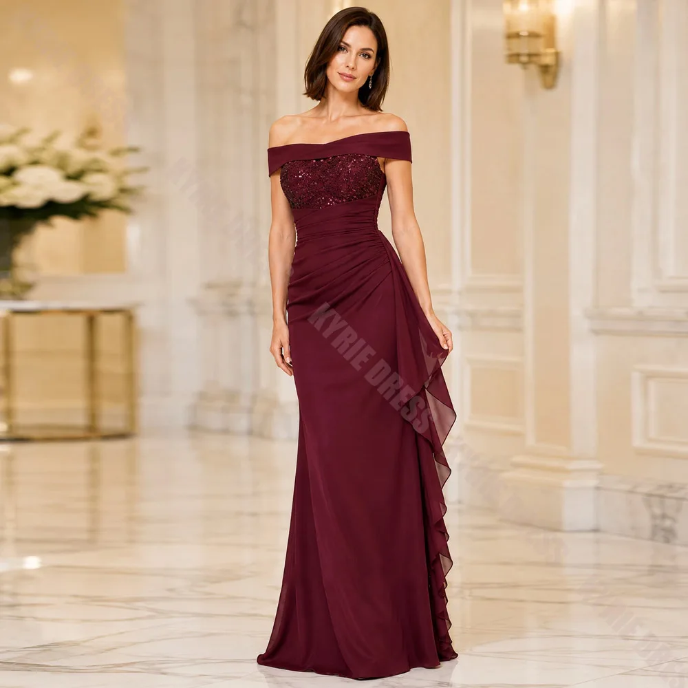 Customized Mother of The Bride Dresses Off The Shoulder Sequined Mermaid Chiffon Women's Wedding Guest Party Gown Evening Dress