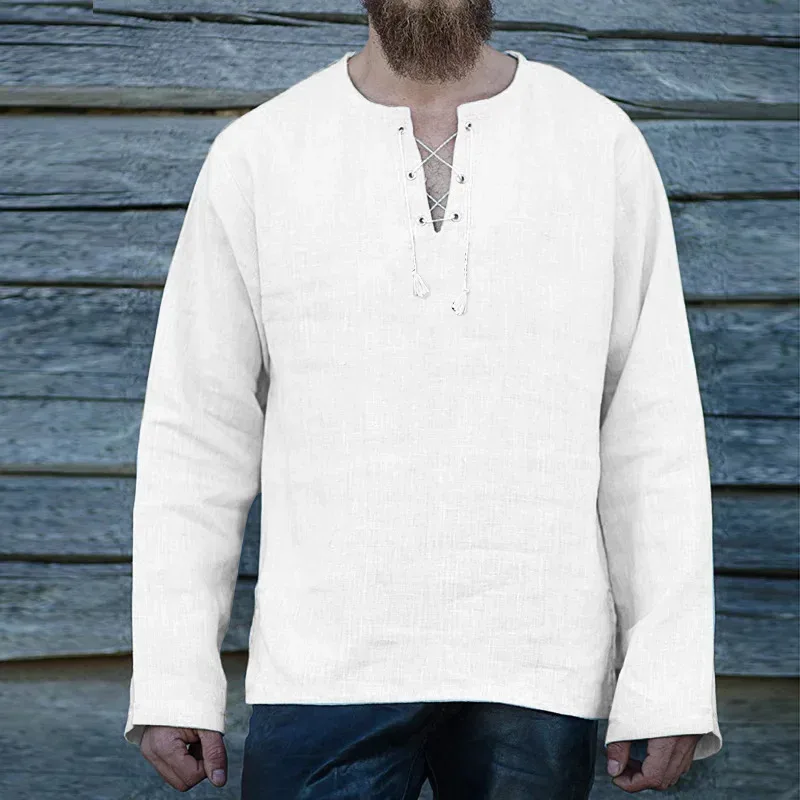 Camisa tendica de algodón y lino de manga larga, disfraz de pirata vikingo para hombre, héroe de guerrero oportuno nórdico, Raglan Lothbrok para uz18;4.f'7;j,3'