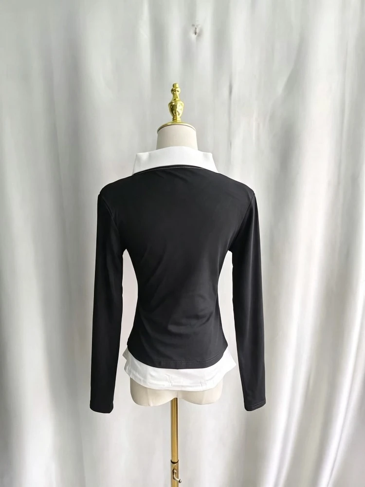 Kimutomo Fake Two Piece Vintage T Shirts Women Turn Down Collar Long Sleeve Slim Vintage Grunge Gothic Female Tops Casual Shirt image 4