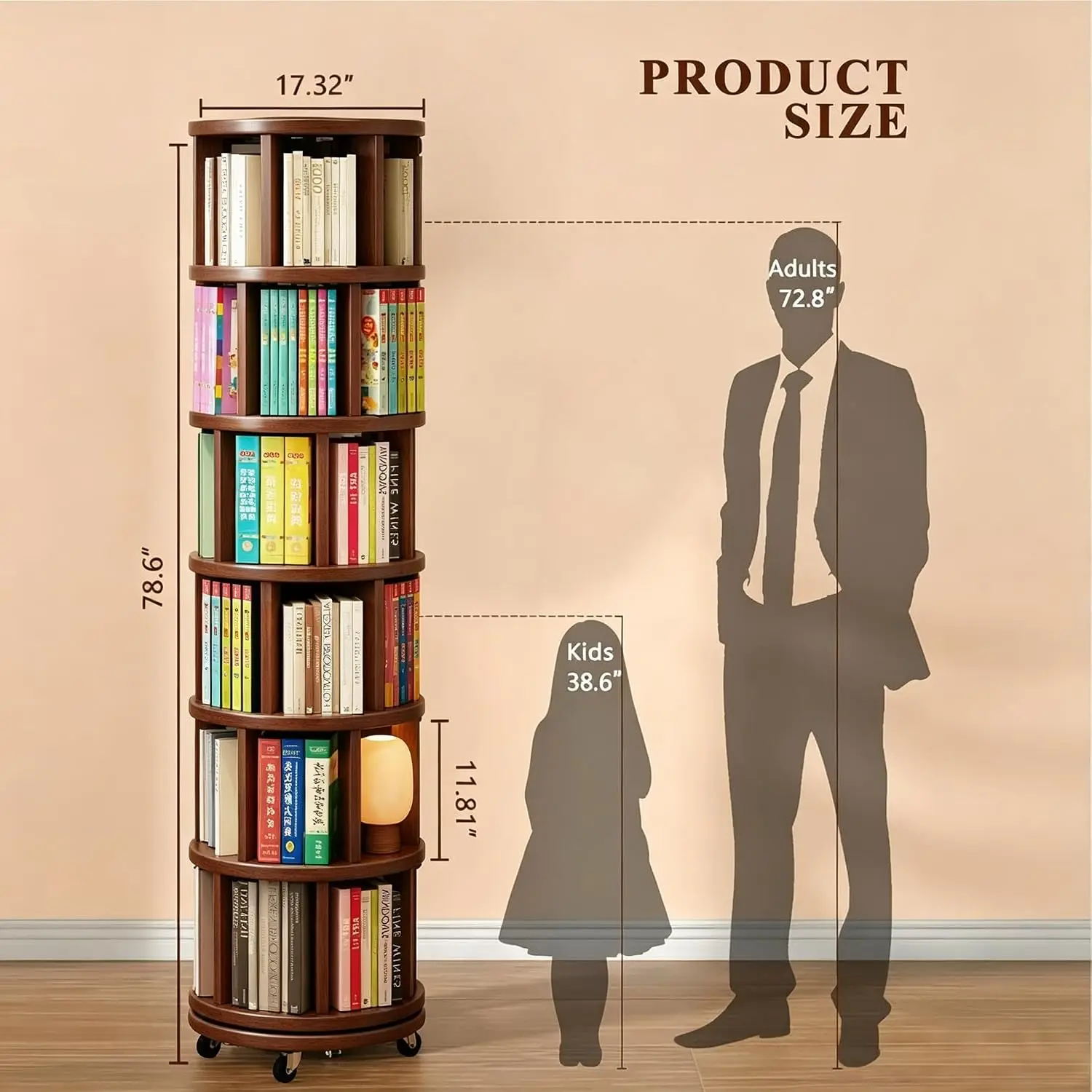 Solid Wood Rotating Bookshelf, 360° Spinning Tower With Wheels, Revolving Bookcase For Bedroom, Office, Walnut, Customized