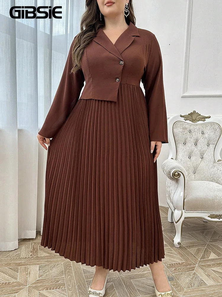 

GIBSIE Plus Size 2 In 1 Notched Neck Pleated Long Dress Women 2026 Spring Elegant High Waist Long Sleeve Solid A-Line Dresses
