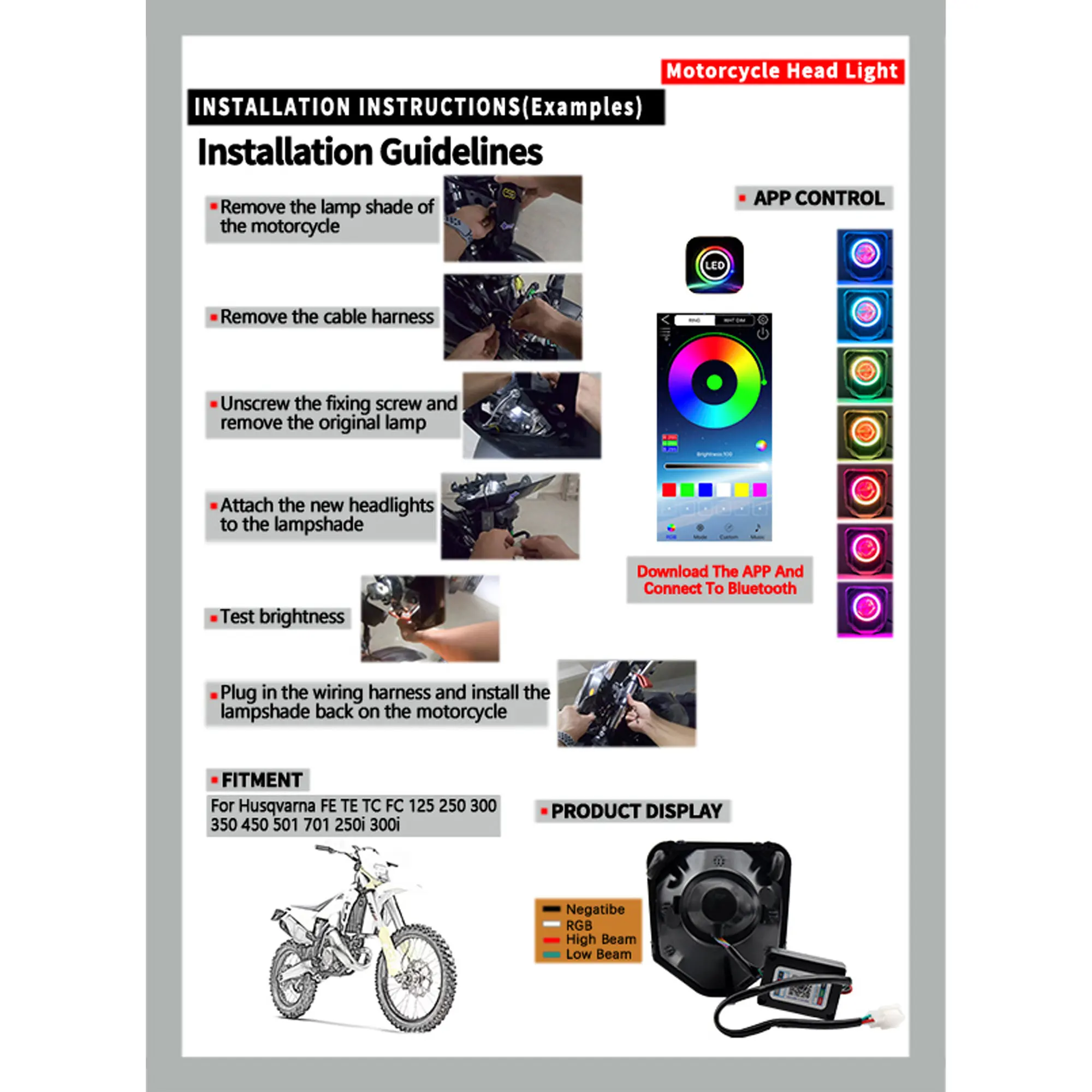 For Husqvarna Motorcycle Headlight Angel Eyes Colorful Lights FC TC TE FE 125-701 250i 300i LED Motocross Enduro DirtBike Parts view 5