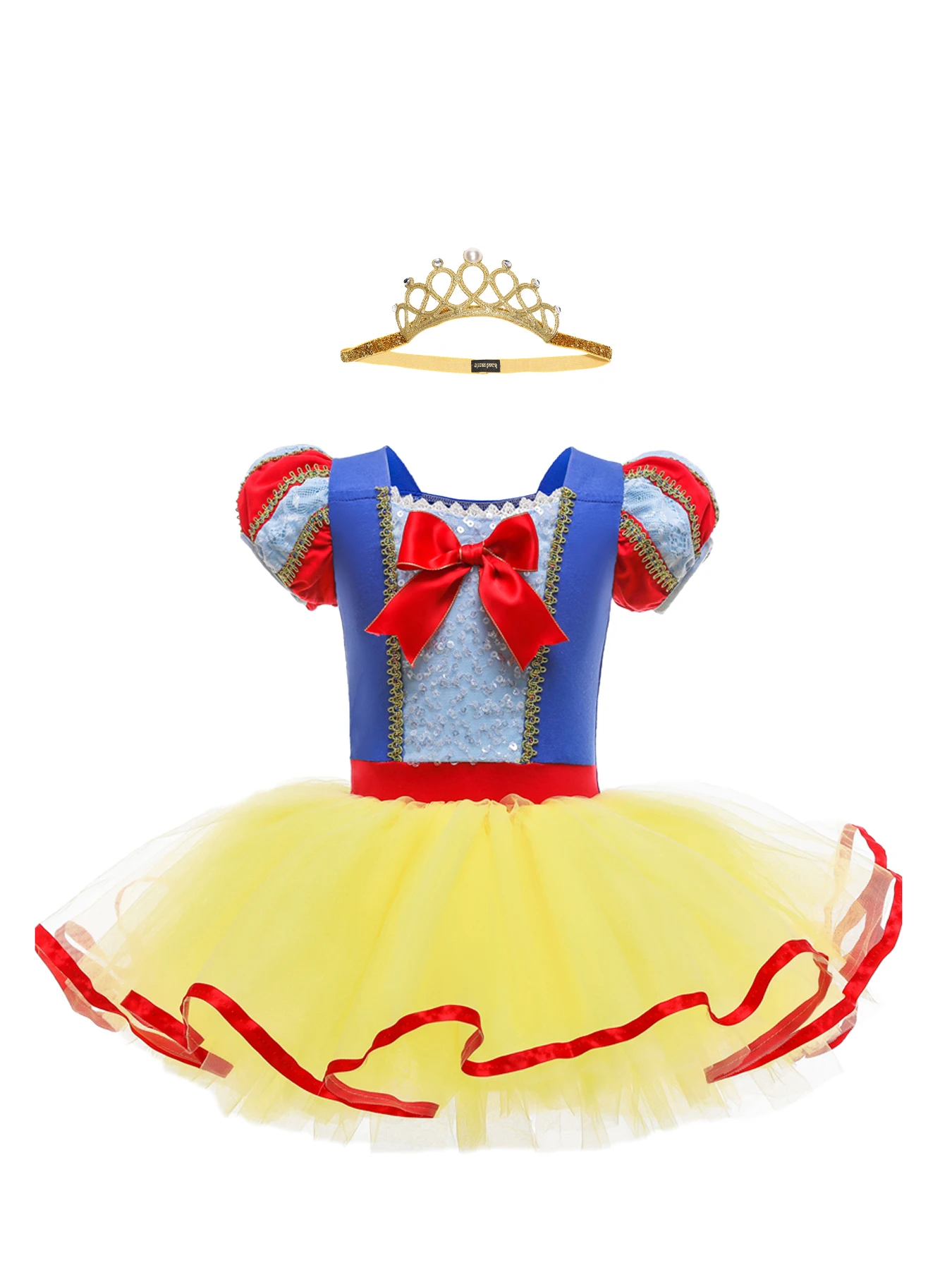 

Girls' Ballet Dance Dress Sequin Puff Sleeve Red Bow Holiday Events Complimentary Tiara Included