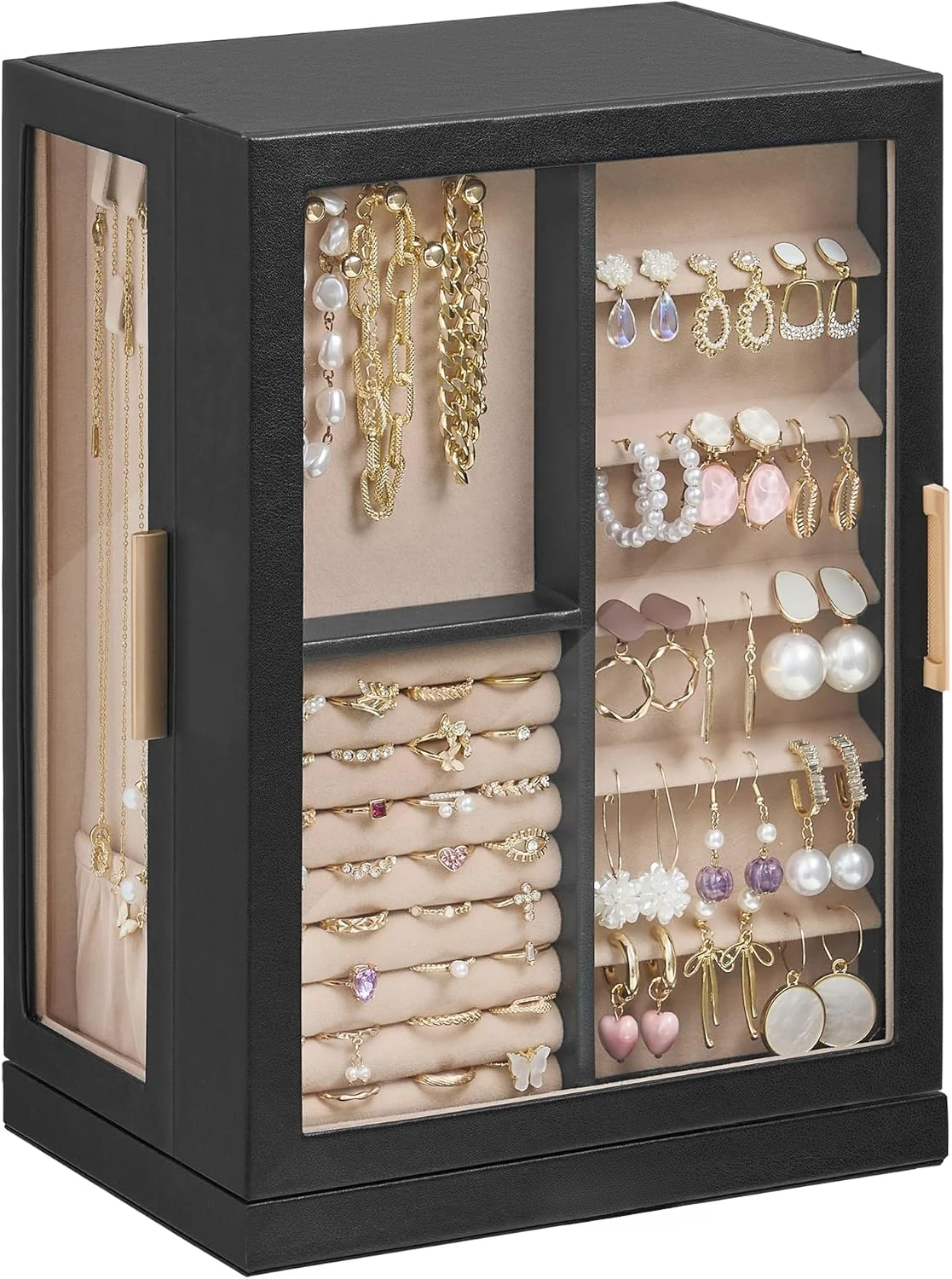 360 Rotating Jewelry Box With 7 Drawers, Spacious Vertical Jewelry Organizer Case With Glass Window, Dustproof Multi Functional Earring Ring Necklace Storage Holder For Vanity Bedroom Dresser, Black