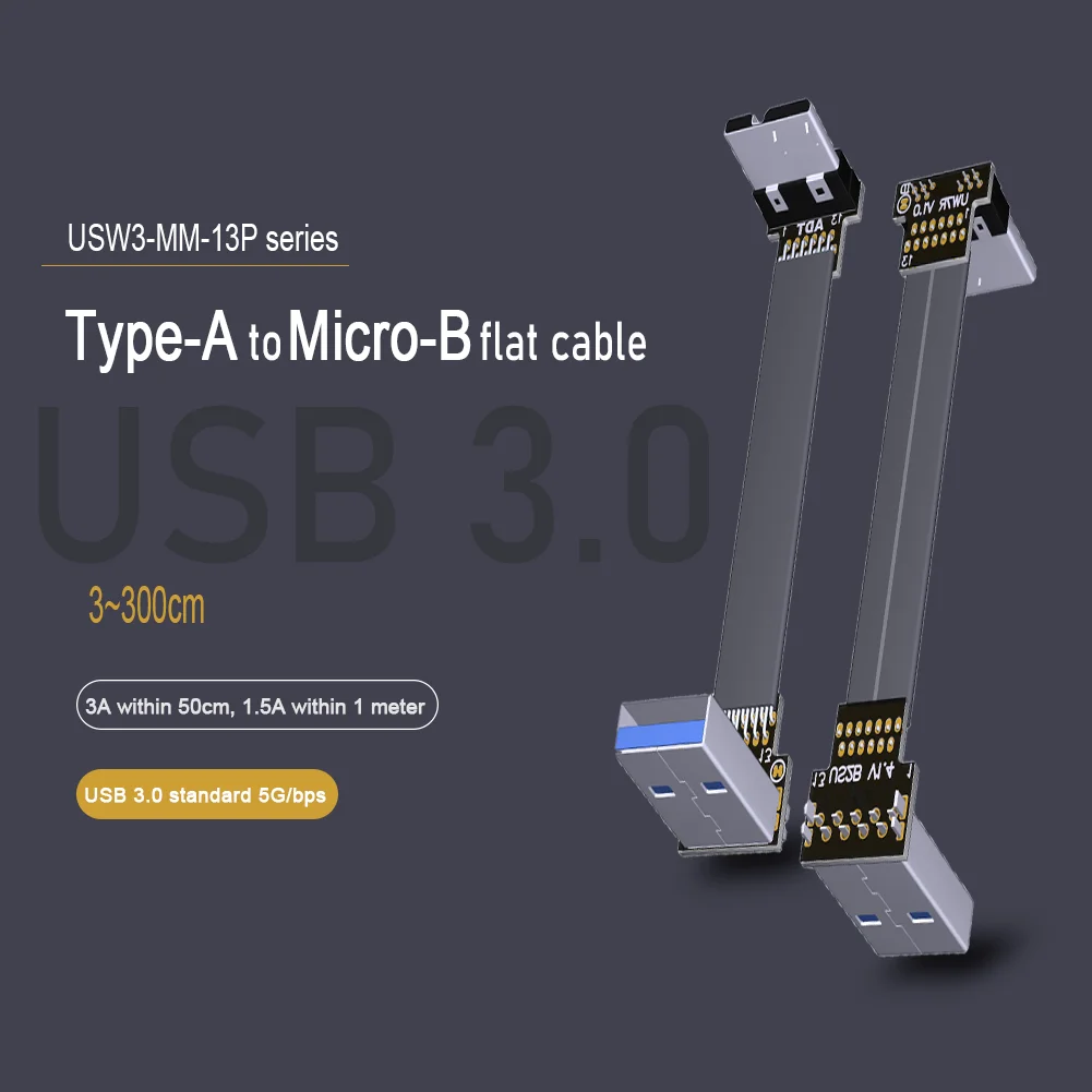 Double 90° Elbow USB Micro B Ribbon Cable USB 3.0 Male to Male FPV Flat Thin Micro-B to Type-A Cord for Electronics