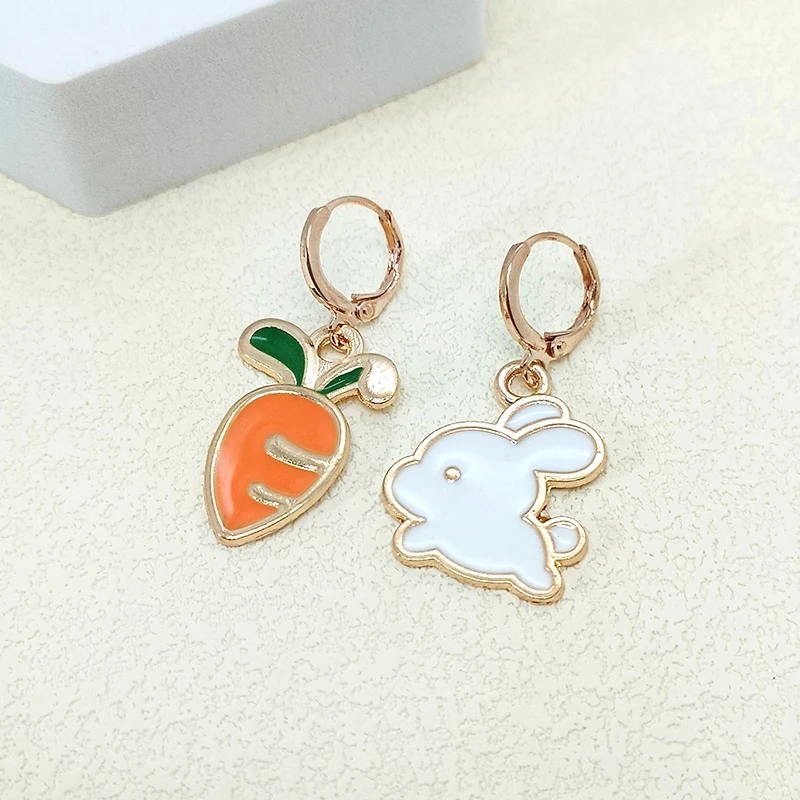 Gold Color Asymmetrical Rabbit Radish Stud Earrings for Women Cute Bunny Earrings for Girls