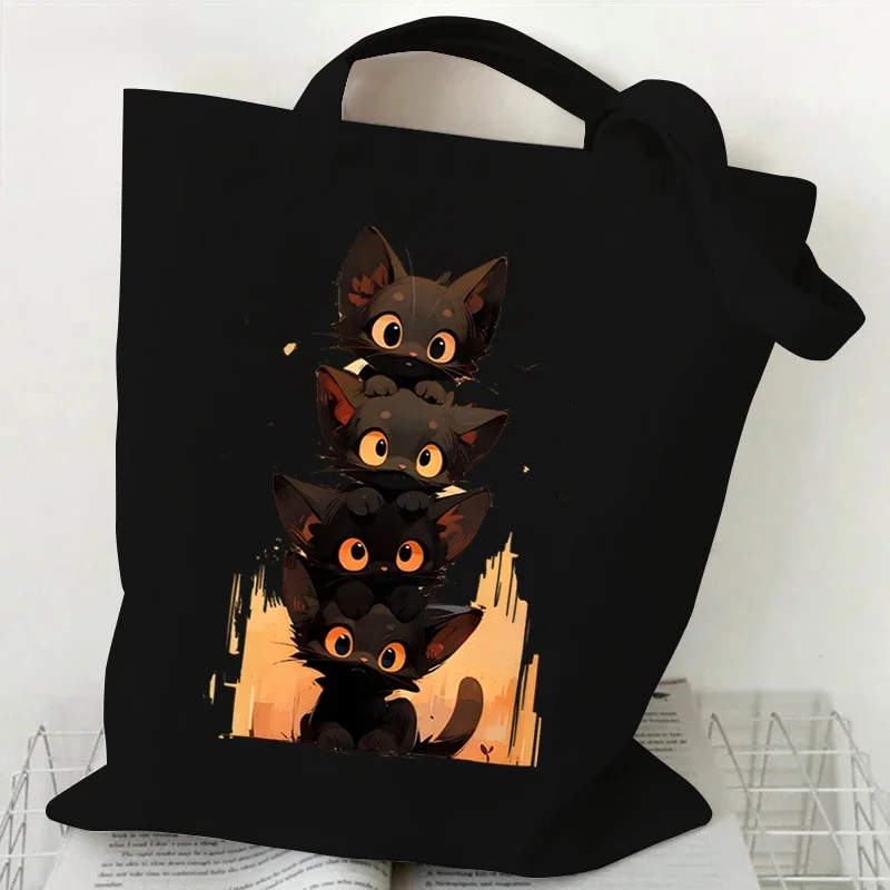 Canvas Tote Bag Anime Black Cat Print Shopping Bag Women Graphic Casual Fashion Teen Handbag Cartoon Kitten Side Bag for Ladies