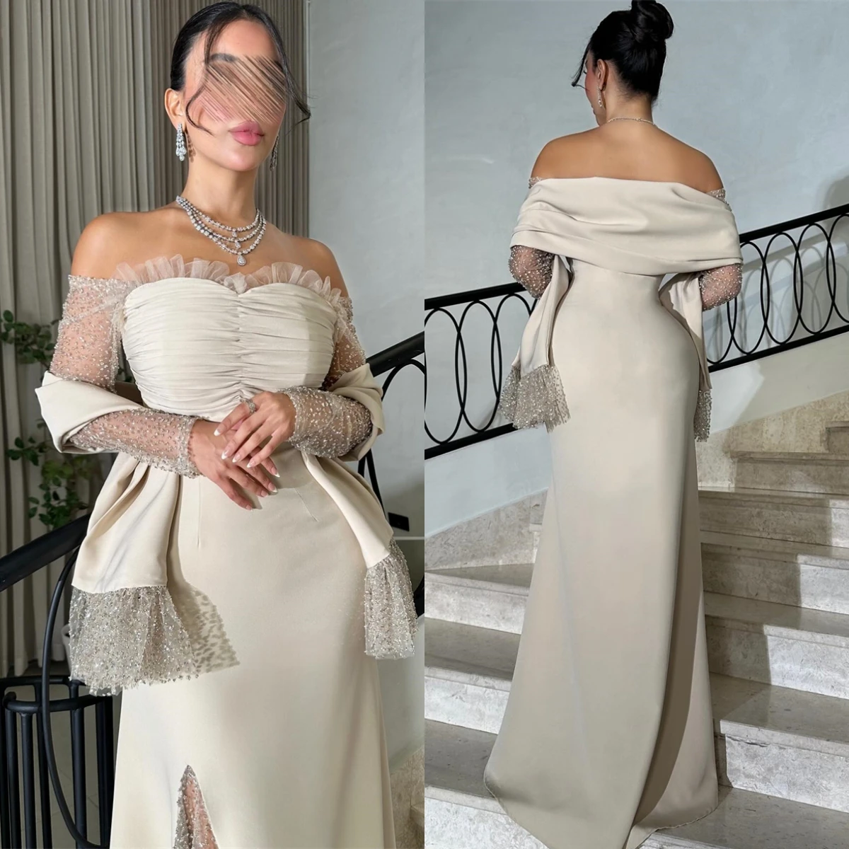 

Customized Simple Ivory Jersey Evening Dress Elegant Boat Neck Long Sleeves Party Dress Delicate Straight Sweep Train Prom Dress