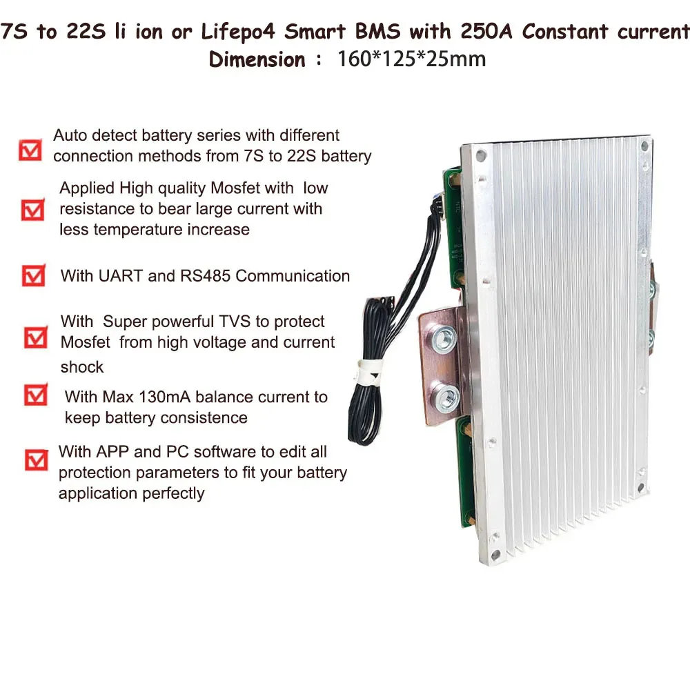 200A 24V 7S 8S 36V 10S الذكية BMS 12S 13S 14S 15S 16S 17S 20S 22S بطارية ليثيوم أيون أو Lifepo4 48v 60v 72V blueooth BMS مع 250A