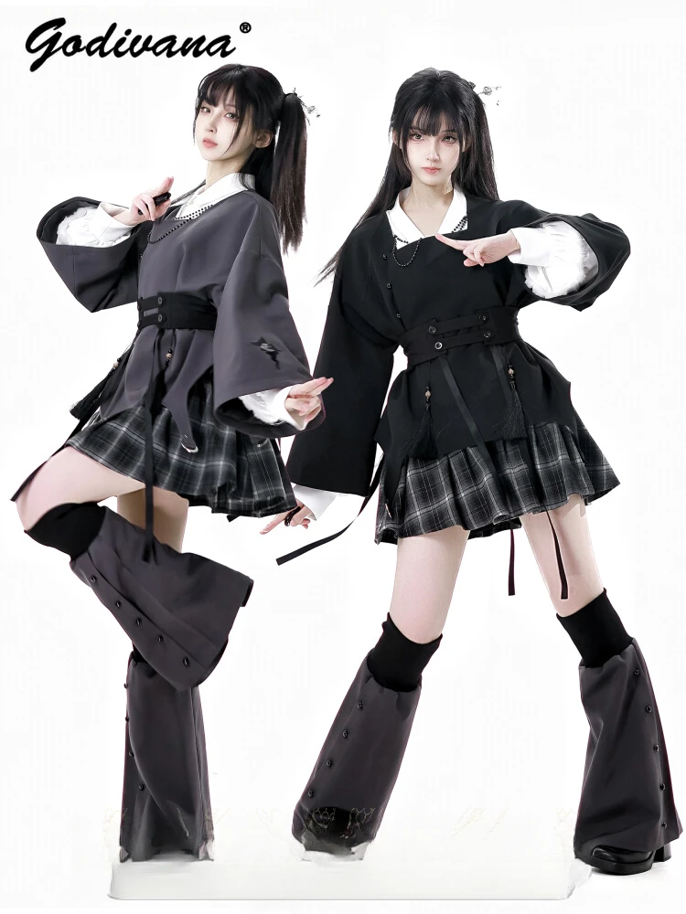 

Новое черно-серое повседневное свободное пальто в китайском стиле, рубашка, клетчатая юбка трапециевидной формы, новая весенняя юбка для женщин и девочек, костюмы, наряды