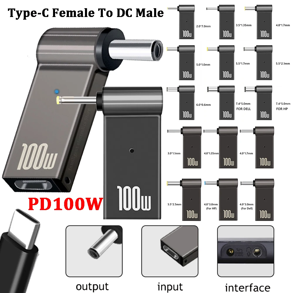 USB Type-C Female to DC Male Power Adapter PD 100W 5A USB C to DC Jack Power Supply Adapter Connector for Lenovo DELL HP Laptops