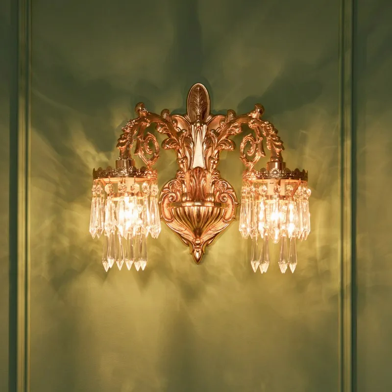 French All Copper Crystal LED Wall Lamps Single Head Bedside Lamp Bedroom Study Corridor Porch Villa Retro Home Decor Wall Light